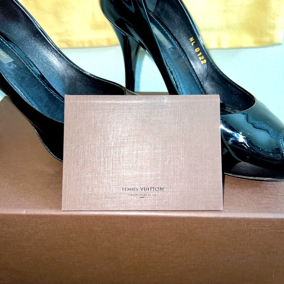 Louis Vuitton “Oh Really” Black Patent Gold Lock Platform Peep Toe Pump Size 6.5 - Picture 13 of 16